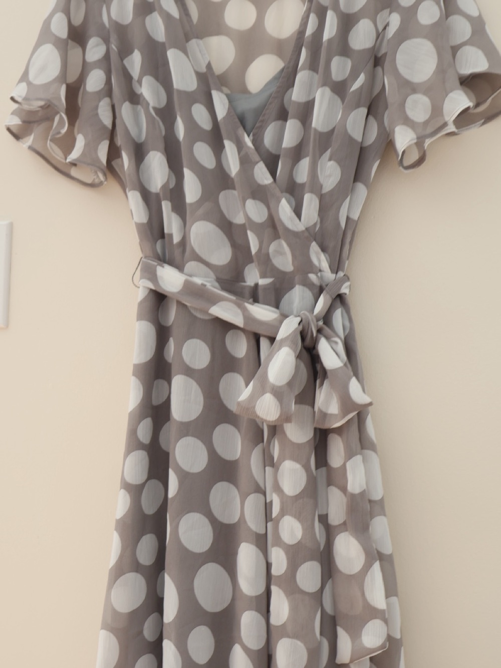 MSK Flowy Sheer Gauzy Asymmetrical Polka Dot Wrap Tie Midi Dress Sz M Retro Twee - Picture 3 of 10